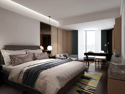 Modern Hotel Room Interior With Large Bed Wooden Paneling And Geometric Rug 3d model