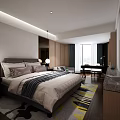 Modern Hotel Room Interior With Large Bed Wooden Paneling And Geometric Rug