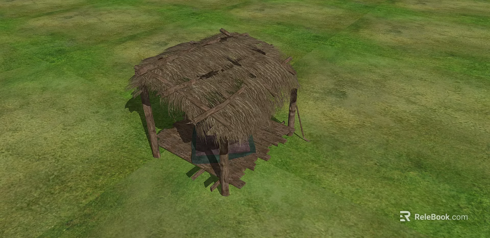 Traditional Thatched Hut Structure With Straw Roof In Green Grass Field 3d model 