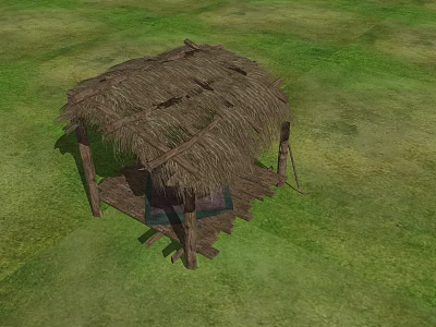 Traditional Thatched Hut Structure With Straw Roof In Green Grass Field 3d model