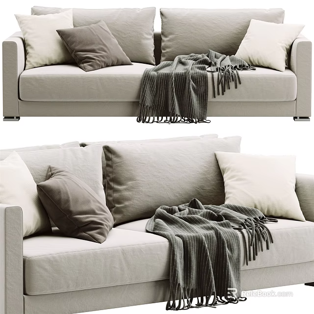Beige Two Seater Sofa With Soft Gray And White Pillows And Warm Knitted Blanket 3d model 