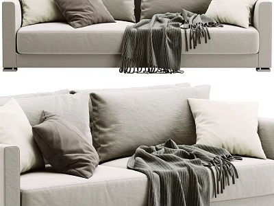 Beige Two Seater Sofa With Soft Gray And White Pillows And Warm Knitted Blanket 3d model