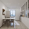 Modern Restaurant Interior With White Dining Table Dark Chairs Silver Refrigerator And White Cabinets