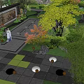 Tranquil Garden Landscape With Lush Trees Stone Decorations Pedestrian Walkways And People Relaxing