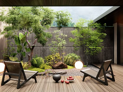 Tranquil Courtyard Garden With Wooden Deck Lush Green Plants Lounge Chairs And Stone Wall 3d model