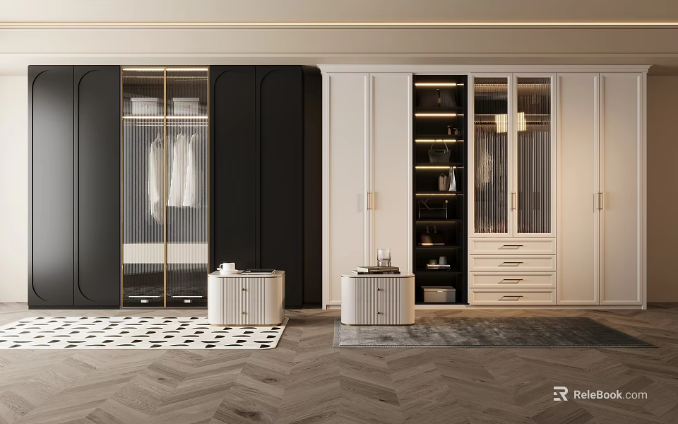 Modern Black And White Wardrobes With Glass Doors Storage Shelves Drawers And Hanging Space 3d model 