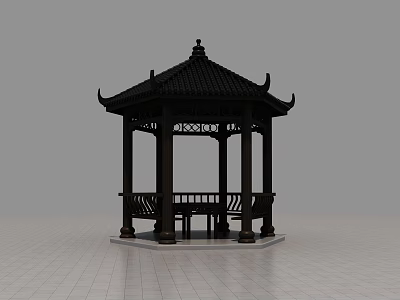 Traditional Chinese Guard Booth with Curved Eaves Carved Lattice Windows and Bench on Base Platform 3d model