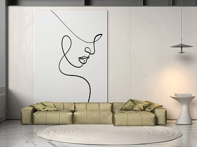 Beige Sectional Sofa With Green Cushions And Large Line Art Painting In Modern Living Room 3d model