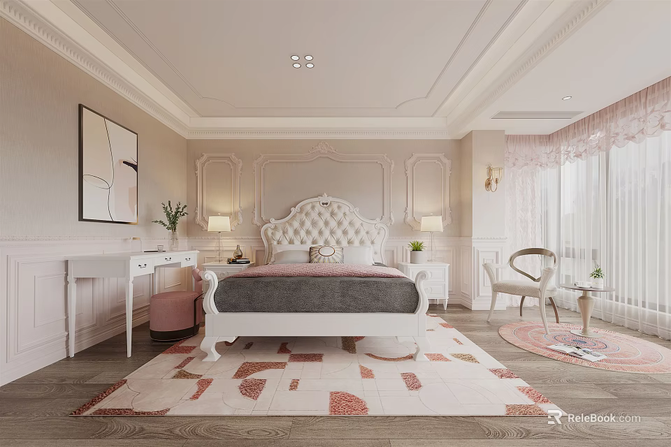 Cozy Kids Bedroom Interior With White Bed Colorful Rug And Wall Mural 3d model 