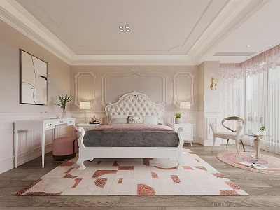 Cozy Kids Bedroom Interior With White Bed Colorful Rug And Wall Mural 3d model