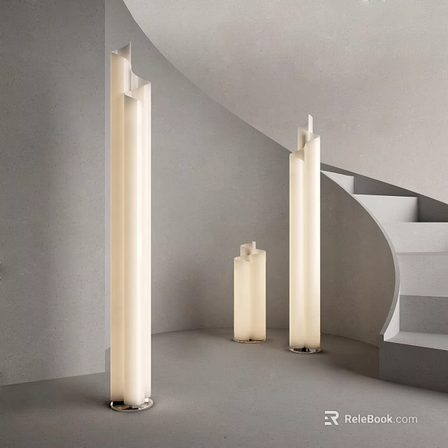 Sleek Modern Floor Lamps In Minimalist Interior With Curved Staircase And Gray Walls 3d model 