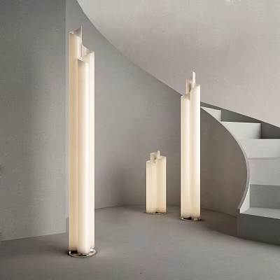 Sleek Modern Floor Lamps In Minimalist Interior With Curved Staircase And Gray Walls 3d model