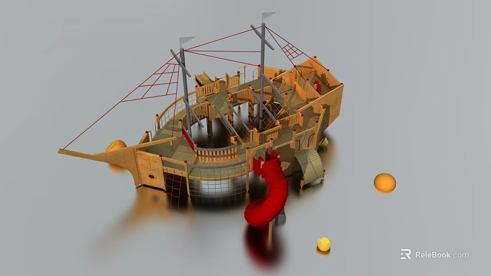Wooden Pirate Ship Playground Equipment With Masts Ropes Slide And Yellow Balls 3d model 