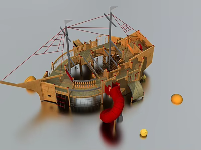 Wooden Pirate Ship Playground Equipment With Masts Ropes Slide And Yellow Balls 3d model