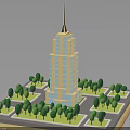 Tall Modern Building With Spire And Green Trees On Square Platform Base 3d model