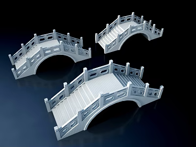 Three White Stone Bridge Models With Railings Steps And Dark Background 3d model