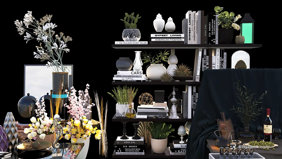 Stylish Decorative Ornament Sets With Vases Plants And Books On Shelves 3d model 