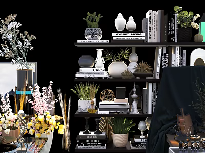 Stylish Decorative Ornament Sets With Vases Plants And Books On Shelves 3d model