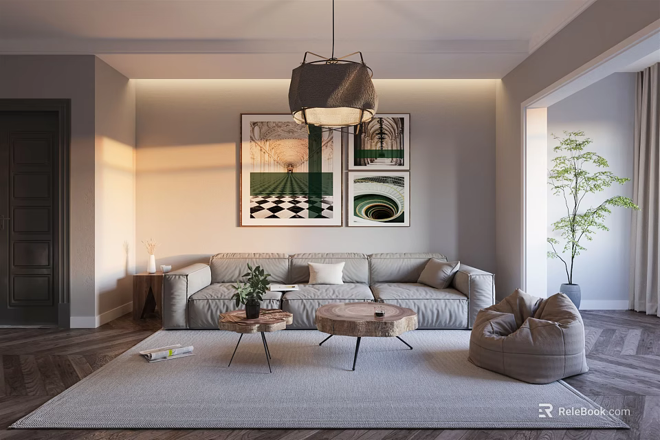 Living Dining Room Interior Design With Gray Sofa Artworks Pendant Lamp And Coffee Tables 3d model 