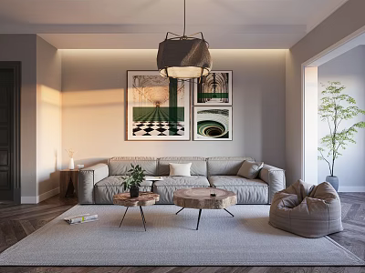 Living Dining Room Interior Design With Gray Sofa Artworks Pendant Lamp And Coffee Tables 3d model
