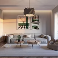 Living Dining Room Interior Design With Gray Sofa Artworks Pendant Lamp And Coffee Tables