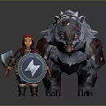 Knight In Red Armor With Star Shield Standing By Giant White Fur Beast