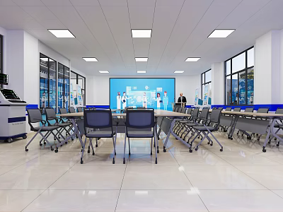 Modern School Classroom With Comfortable Desks Chairs Large Interactive Screen And Bright Windows 3d model