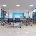 Modern School Classroom With Comfortable Desks Chairs Large Interactive Screen And Bright Windows