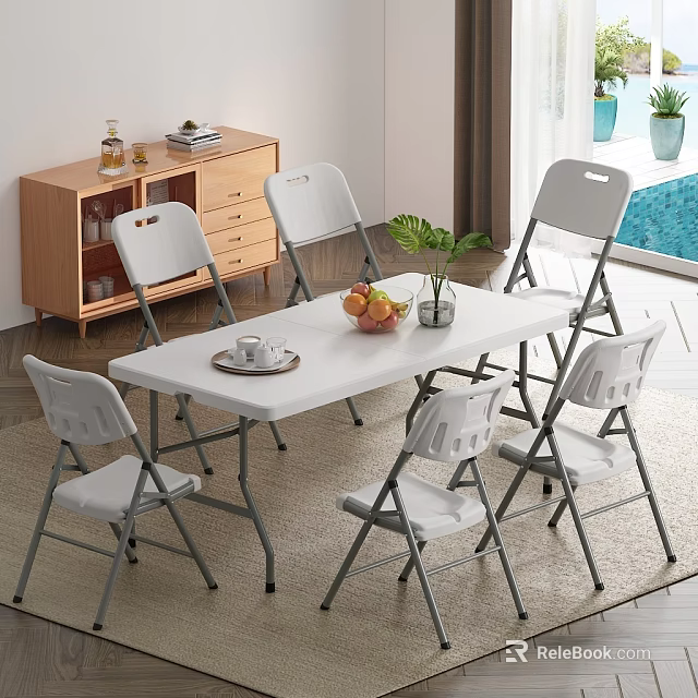 White Folding Dining Table Set With Six Chairs Fruits And Green Plant Near Swimming Pool 3d model 