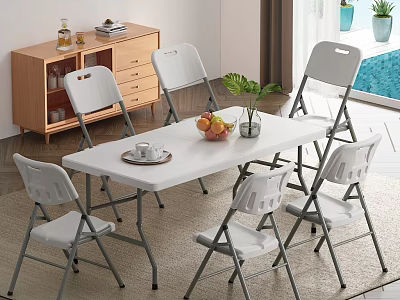 White Folding Dining Table Set With Six Chairs Fruits And Green Plant Near Swimming Pool 3d model