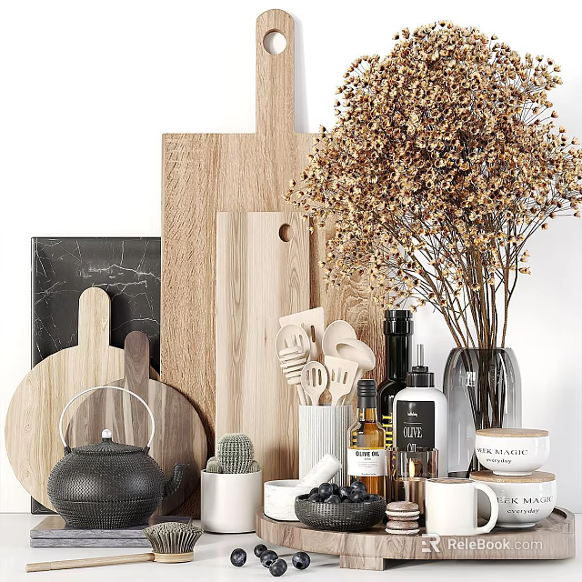 Tableware Set With Wooden Cutting Boards Spoons Teapot Vase Dried Flowers And Marble Background 3d model 