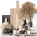 Tableware Set With Wooden Cutting Boards Spoons Teapot Vase Dried Flowers And Marble Background