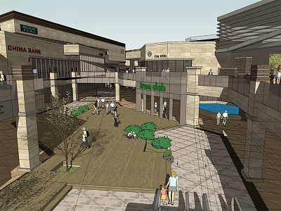 Vibrant Commercial Street With Modern Architecture Pedestrians Shops Greenery And Open Spaces 3d model
