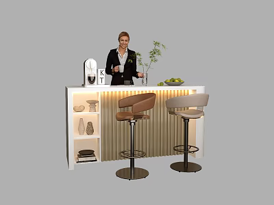 Modern Bar Counter Interior With Bartender Green Plant Fruits And Bar Stools 3d model