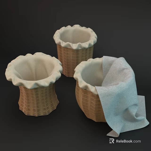 Woven Storage Baskets With White Fabric Liners And Gray Cloth Inside One 3d model 