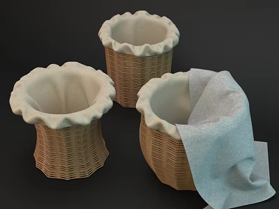Woven Storage Baskets With White Fabric Liners And Gray Cloth Inside One 3d model