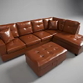 Brown Leather L Shaped Sectional Sofa With Ottoman And Comfortable Cushions 3d model