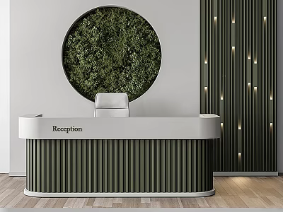 Modern Reception Desk With Circular Green Plant Wall Ribbed Design And Illuminated Background 3d model