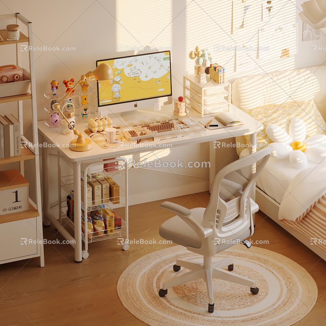 White Computer Desk Combination Computer Table and Chair Combination Girls' Computer Desk Children's Study Desk White Bedroom Bedroom Trolley Storage Rack 3d model