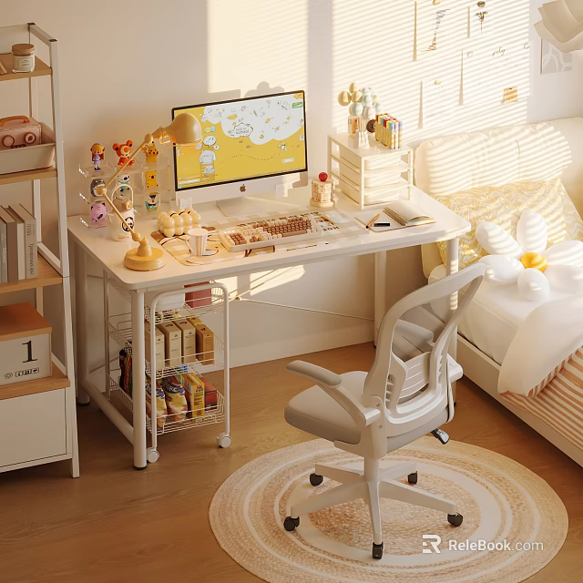 White Desk and Chair Set in Bright Bedroom with Computer Lamp and Decorative Items 3d model 