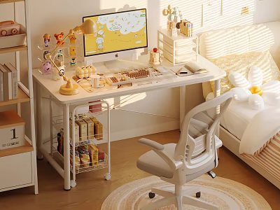 White Desk and Chair Set in Bright Bedroom with Computer Lamp and Decorative Items 3d model