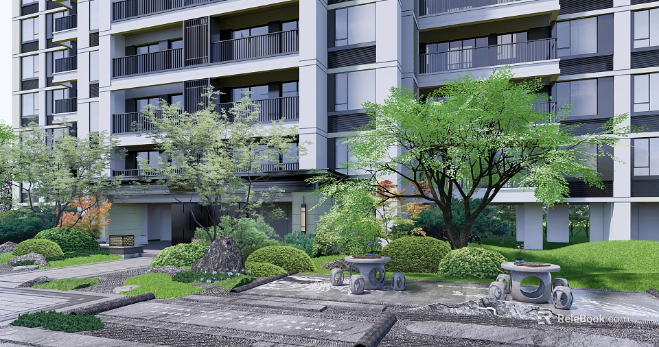 Modern Residential Building Exterior With Lush Greenery Trees Shrubs And Stone Pathways 3d model 