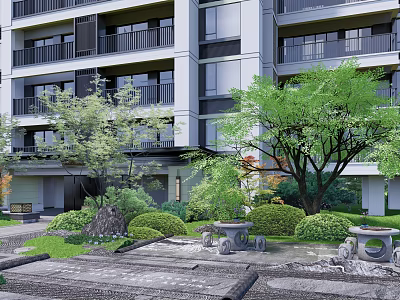 Modern Residential Building Exterior With Lush Greenery Trees Shrubs And Stone Pathways 3d model