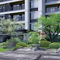 Modern Residential Building Exterior With Lush Greenery Trees Shrubs And Stone Pathways