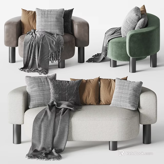 Comfortable Modern Sofa Set With Armchairs Pillows And Soft Blankets 3d model