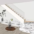 Modern Minimalist Staircase Design With Wooden Steps LED Light Strips Decorative Statue And Green Plant