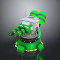 Green Mechanical Weapon Turret with Dual Barrels Antenna and Yellow Warning Stripes