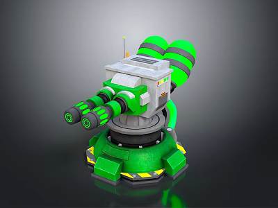 Green Mechanical Weapon Turret with Dual Barrels Antenna and Yellow Warning Stripes 3d model