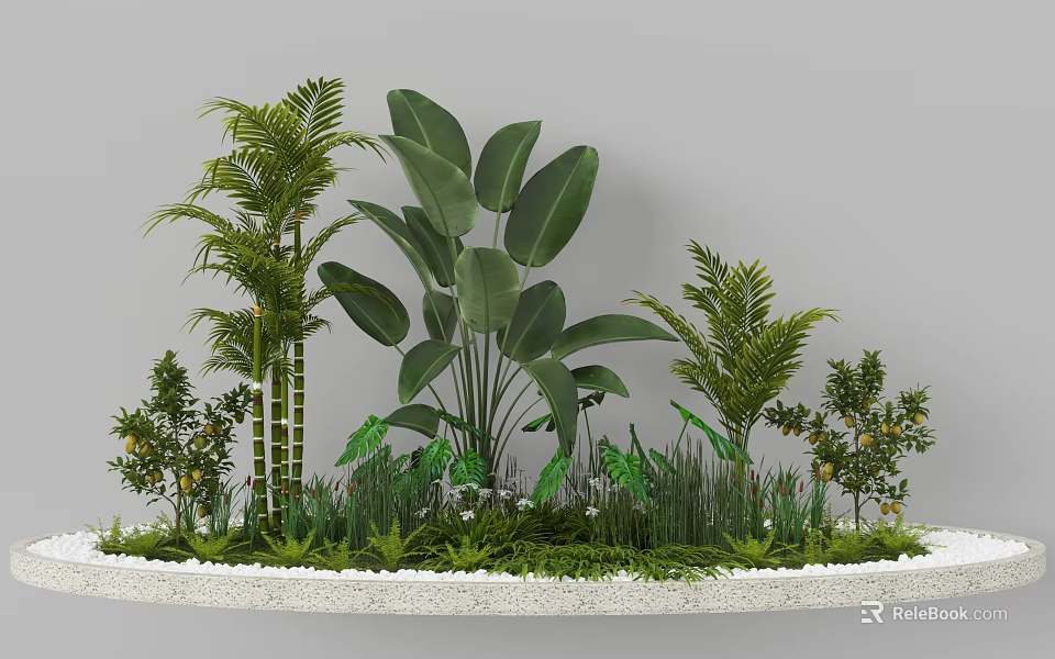 Garden Landscape Circular Design With White Stone Border Tropical Plants Large Leaves Shrubs White Pebbles 3d model 