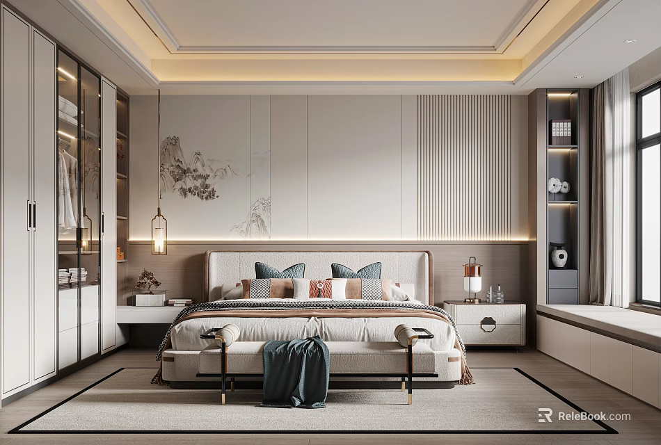 Elegant Modern Bedroom Interior With Decorative Pillows Built in Wardrobes Area Rug and Wall Art 3d model 